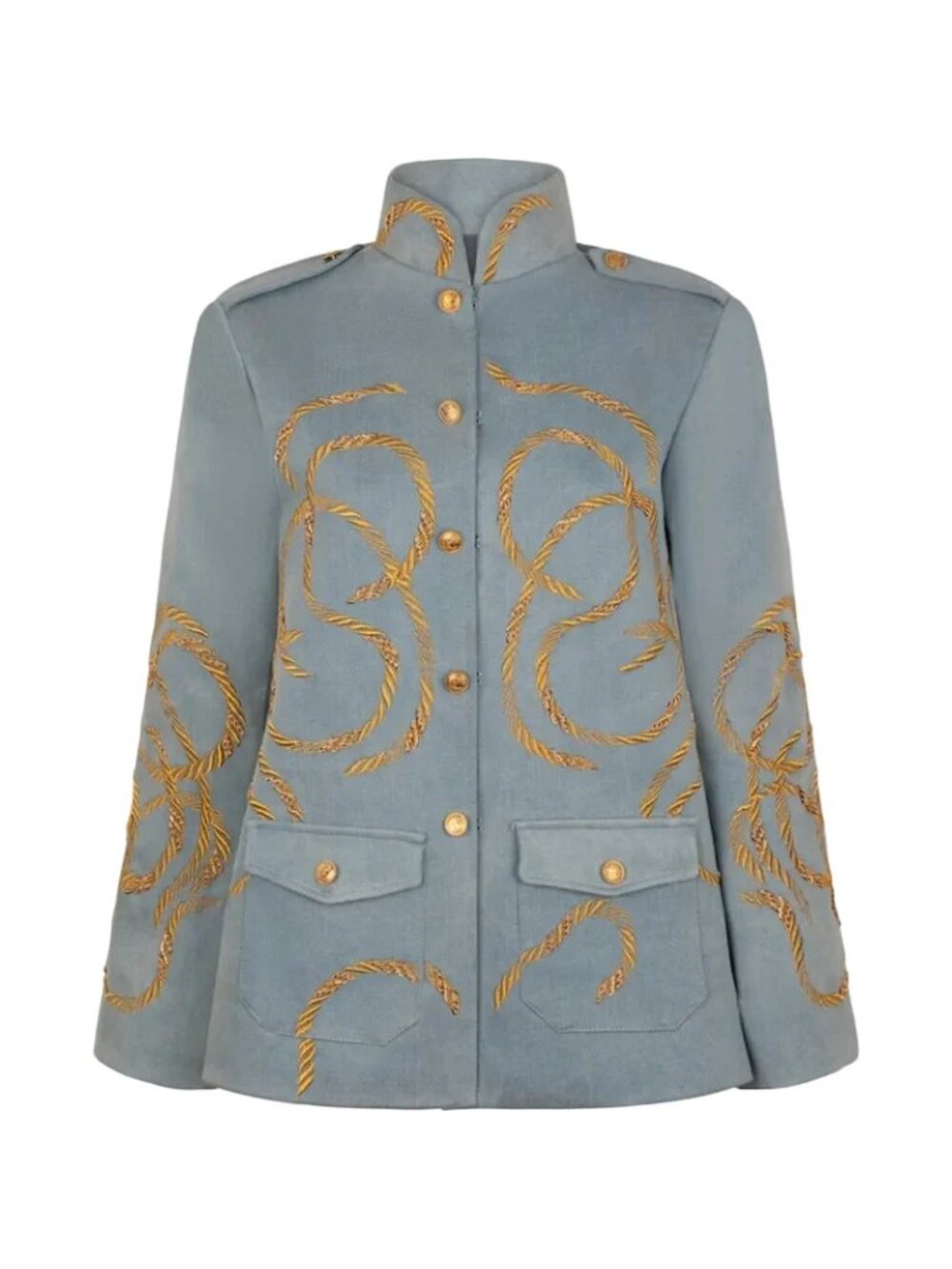 NWT Nadya Shah Daley Denim Cargo Jacket Sz 4 Blue Gilt Beaded Embroidered - $950